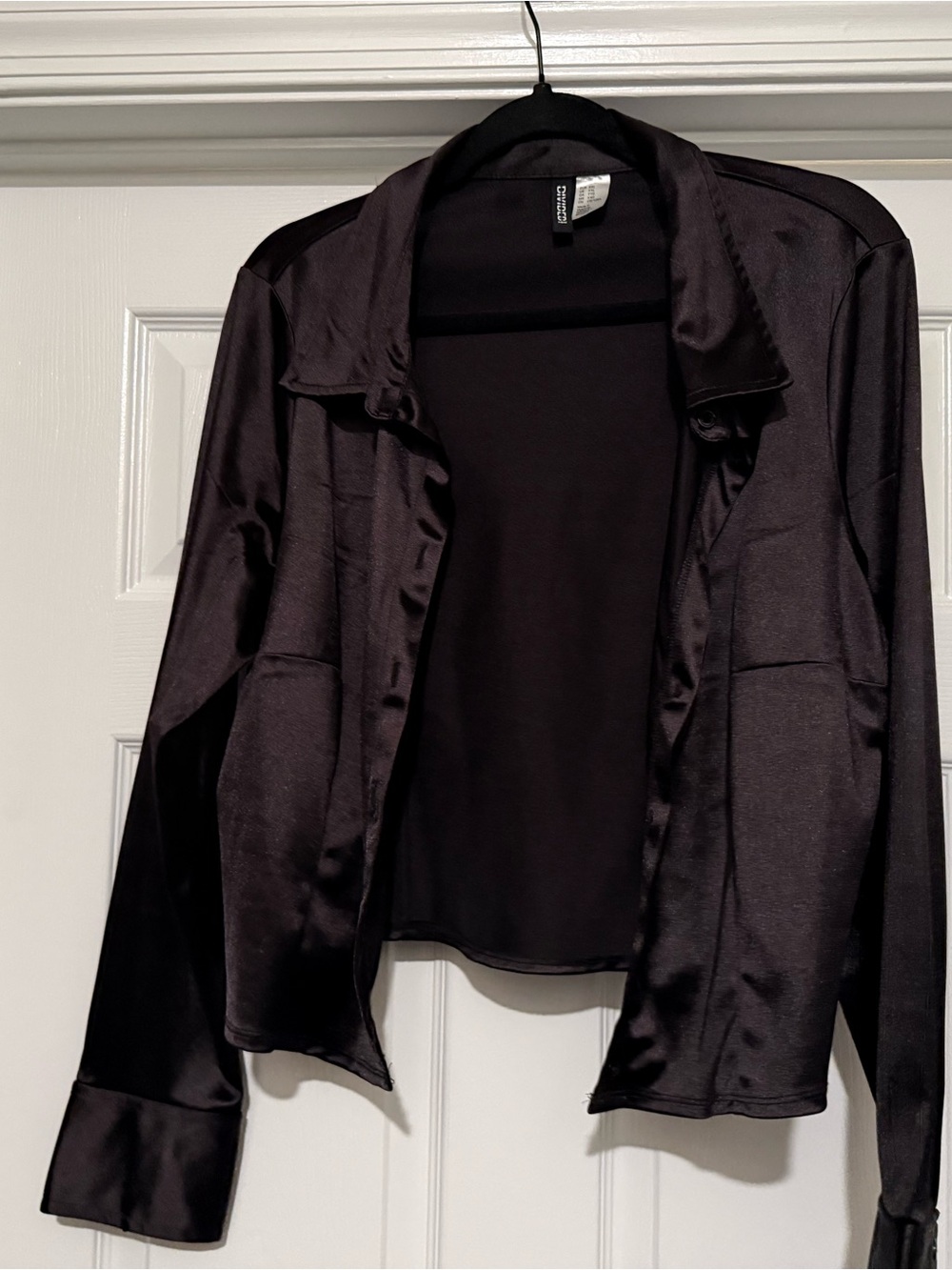 Women's Black Satin Cropped Button Up